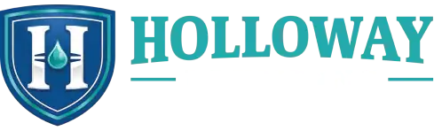 Holloway Plumbing logo with a blue shield featuring an "H" and water droplet, and text "Holloway Plumbing, Your Plumber for Life.