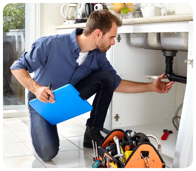 Man kneeling on the floor with a clipboard, inspecting pipes under a kitchen sink. Toolbox with various tools is in the foreground.