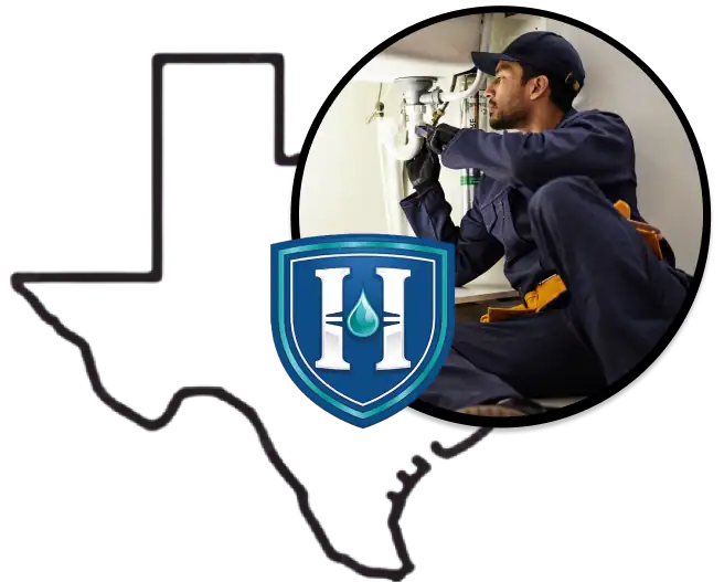 Outline of Texas with a shield logo and a plumber in uniform working under a sink inside a circular frame.