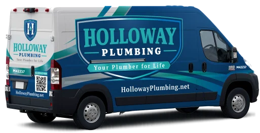 A blue Holloway Plumbing van features the bold Holloway Plumbing logo, the slogan “Your Plumber for Life,” and clear website and contact details displayed on both the side and rear.