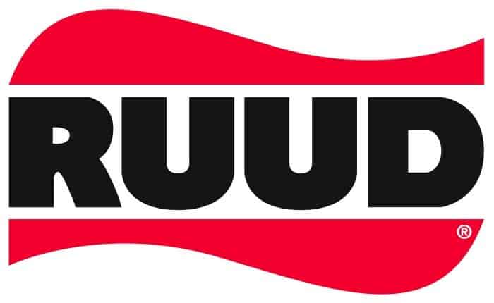 The RUUD logo displays bold black lettering on a white rectangular background, highlighted by a distinctive red wave above and below the text—a symbol of quality equipment featured in Holloway Plumbing’s trusted services.